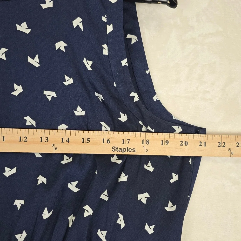 Kate Spade Paper Boats Midi Dress Navy Blue Pebbled Satin Sleeveless Size 14
